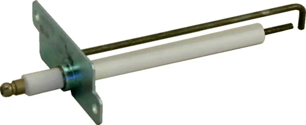 Zündelektrode von Wolf, die eine Metallbasis mit einer weißen Isolierung und einem gebogenen Draht hat. Einsatz in Heizsystemen zur Zündung von Gasbrennern.
